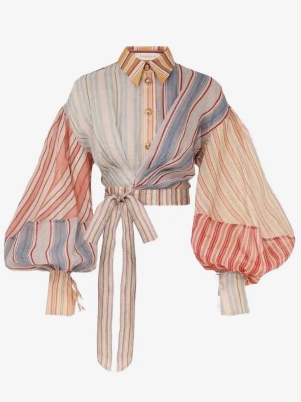 Zimmermann Striped Rebellion 2026 Wrap Crop Top Balloon Sleeves Size 0P NWOT